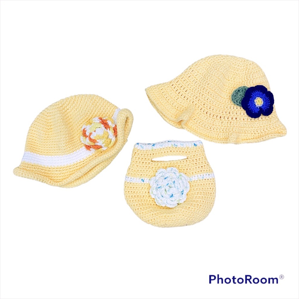 Crochet Hats Purse Floral Baby Toddler Yellow Handmade 6-12m
